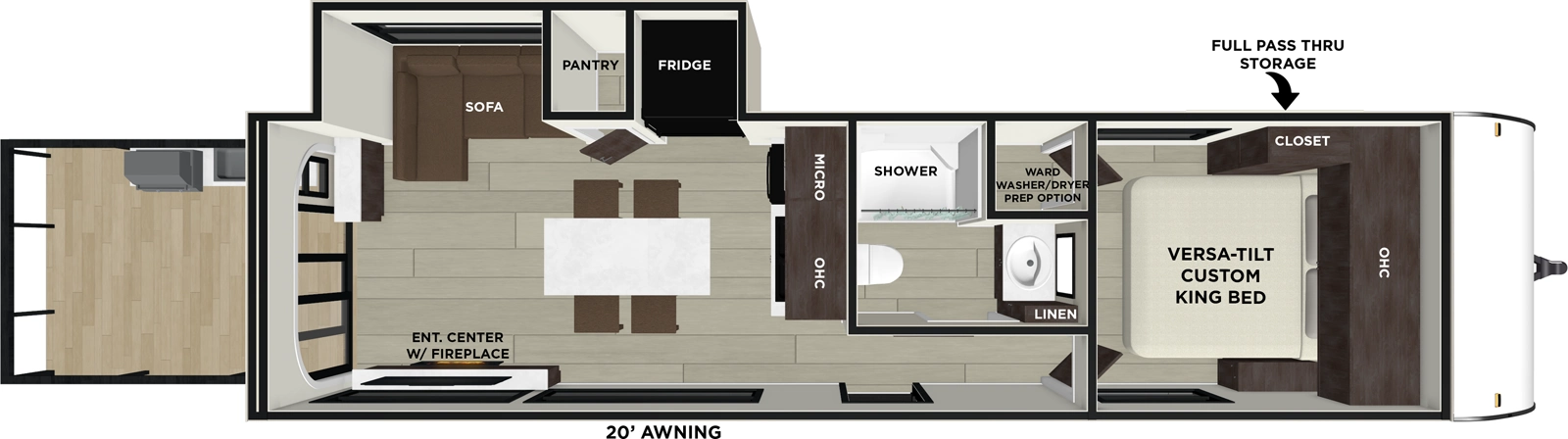 The Salem 32VERANDA floorplan has two entries and one slide out. Exterior features include: metal or fiberglass exterior, 20' awning and outside kitchen. Interiors features include: front bedroom.